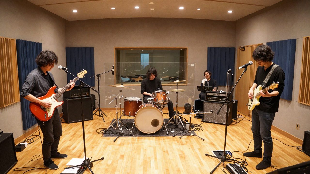 バンドがライブルームで演奏し、ドラマーはガラス越しに録音されている。